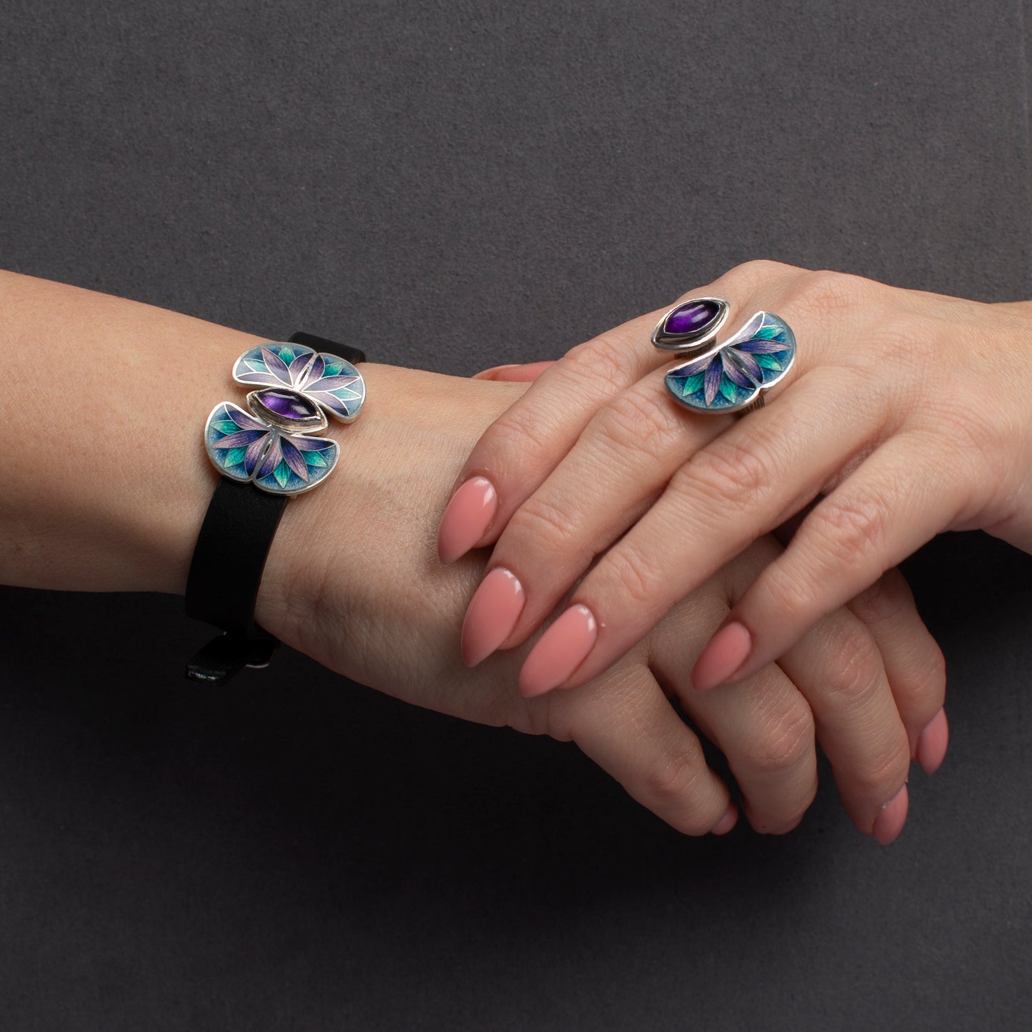 Cloisonne Enamel Open Ring With Amethyst Marquise Stone