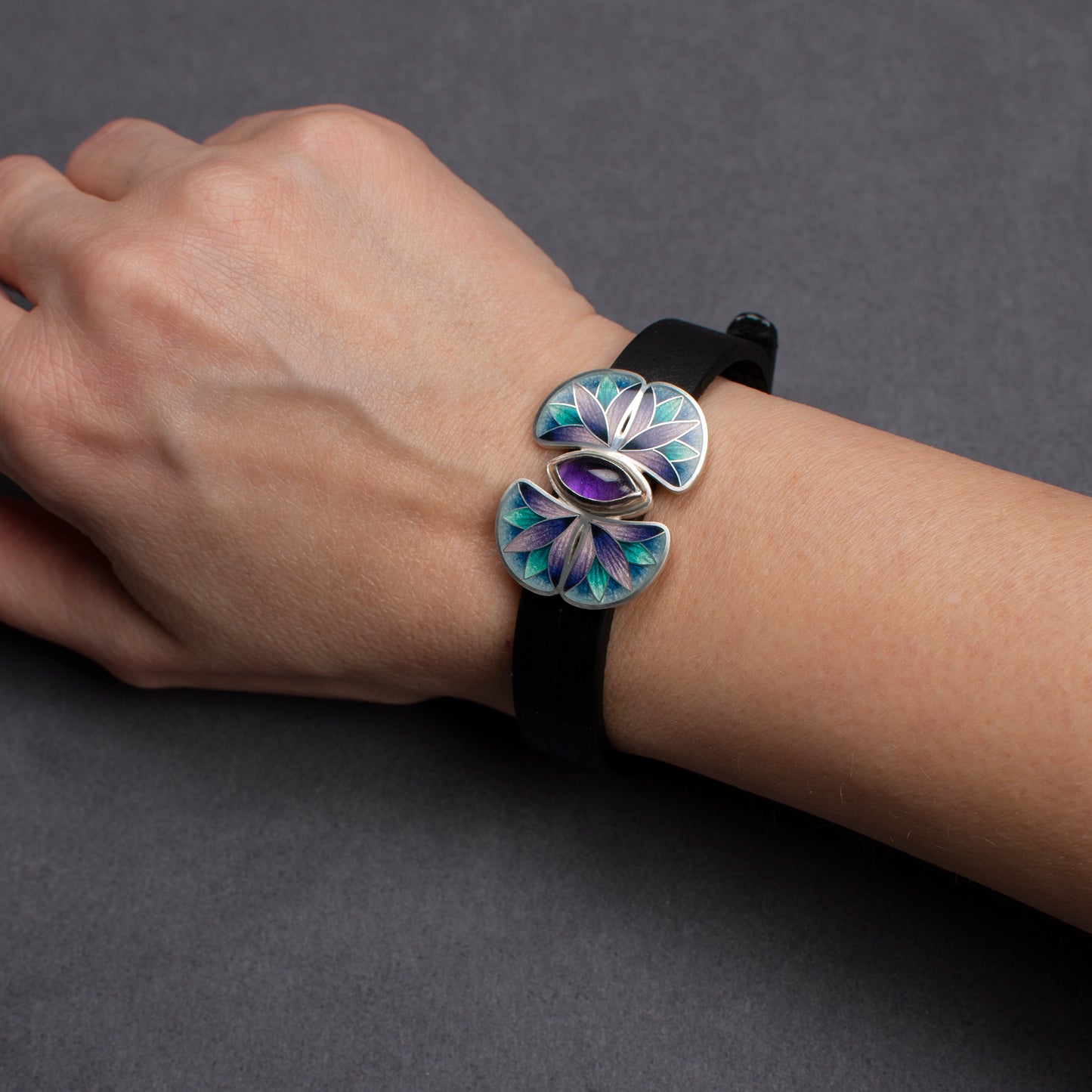 Cloisonne Enamel Leather Bracelet, Sterling Silver Bracelet With Leather Strap