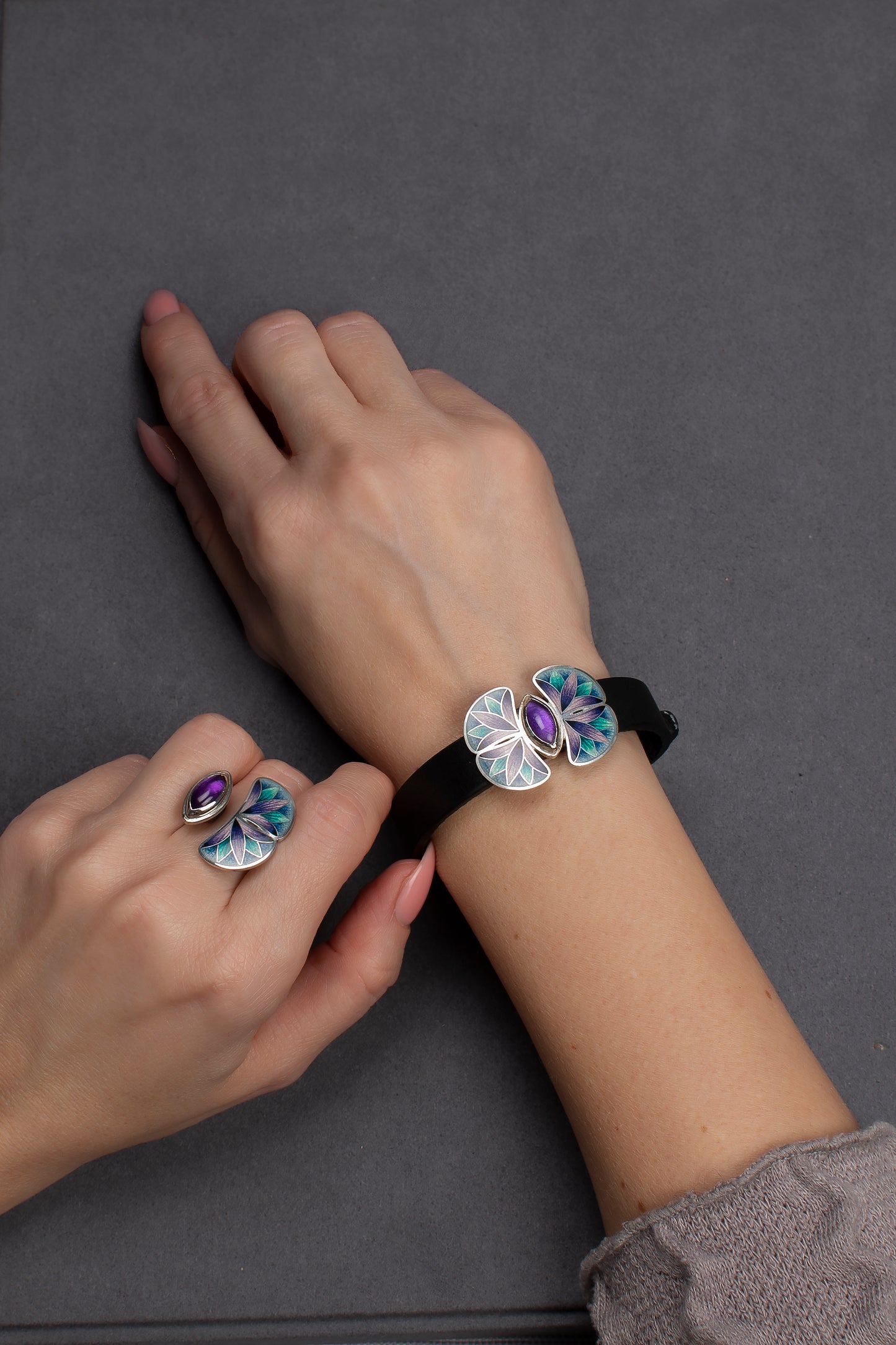 Cloisonne Enamel Set With Amethyst, Bracelet, Ring, Earrings and Necklace