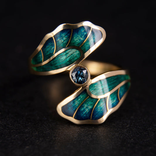Gold Champleve And Cloisonne Enamel Ring With Greenish-Blue Sapphire