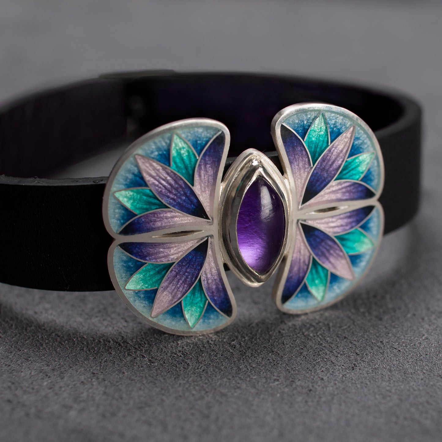 Cloisonne Enamel Leather Bracelet, Sterling Silver Bracelet With Leather Strap
