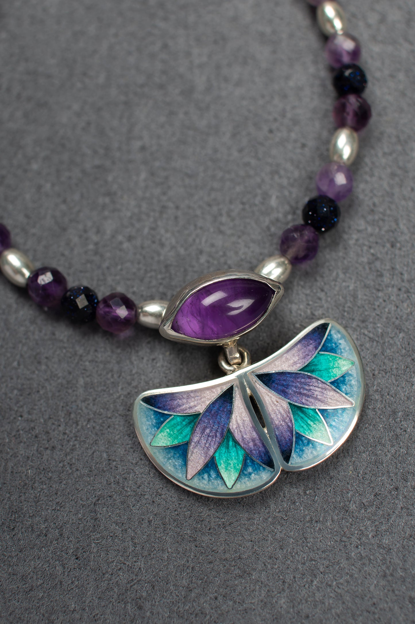 Cloisonne Enamel Necklace, Blue Purple Pendant With  Marquise Amethyst Semicircle Necklace