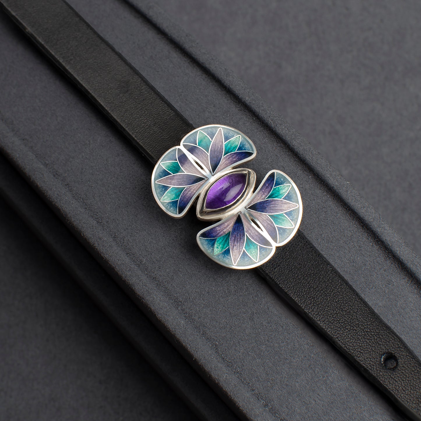 Cloisonne Enamel Leather Bracelet, Sterling Silver Bracelet With Leather Strap