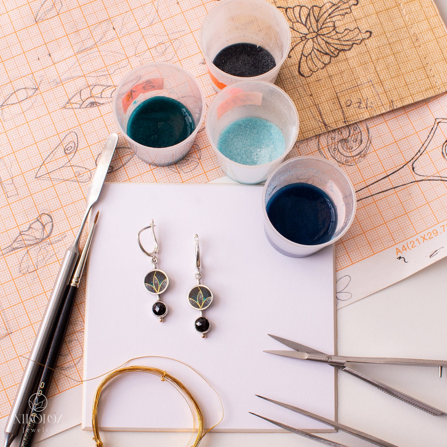 Drop Earrings With Black Onyx And Gold Beads