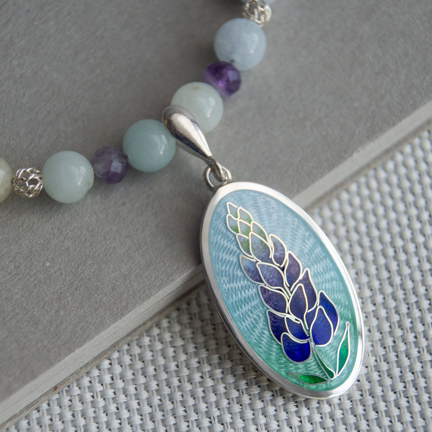 Bluebonnet Enamel Pendant With Aquamarine And Amethyst Necklace