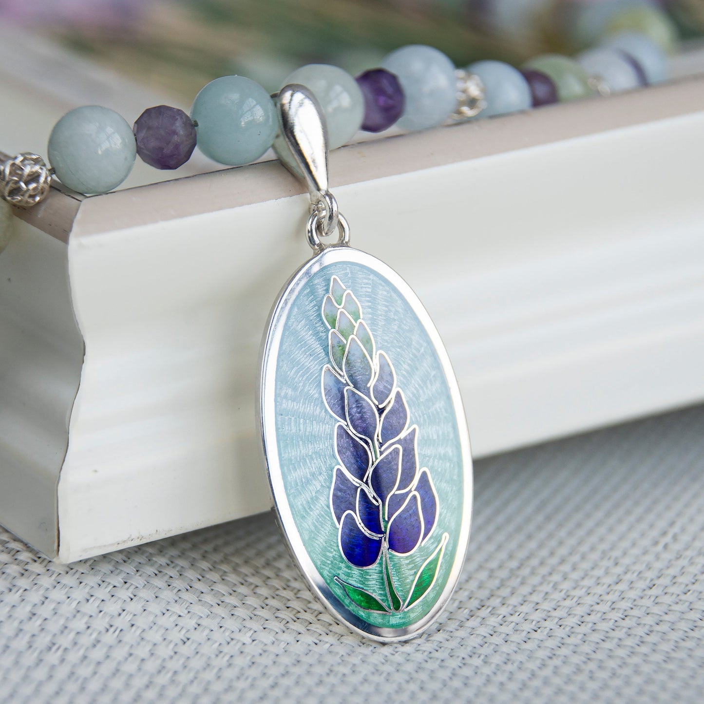 Bluebonnet Enamel Pendant With Aquamarine And Amethyst Necklace