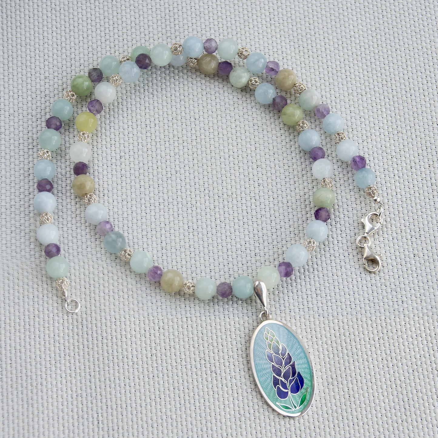 Bluebonnet Enamel Pendant With Aquamarine And Amethyst Necklace