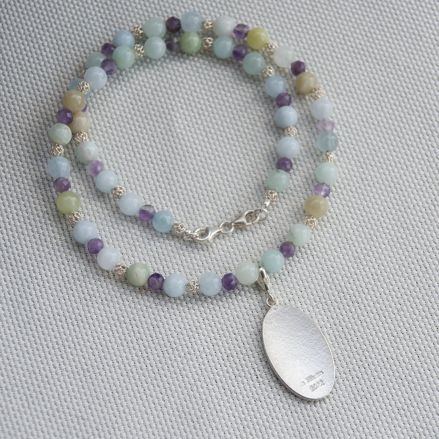 Bluebonnet Enamel Pendant With Aquamarine And Amethyst Necklace