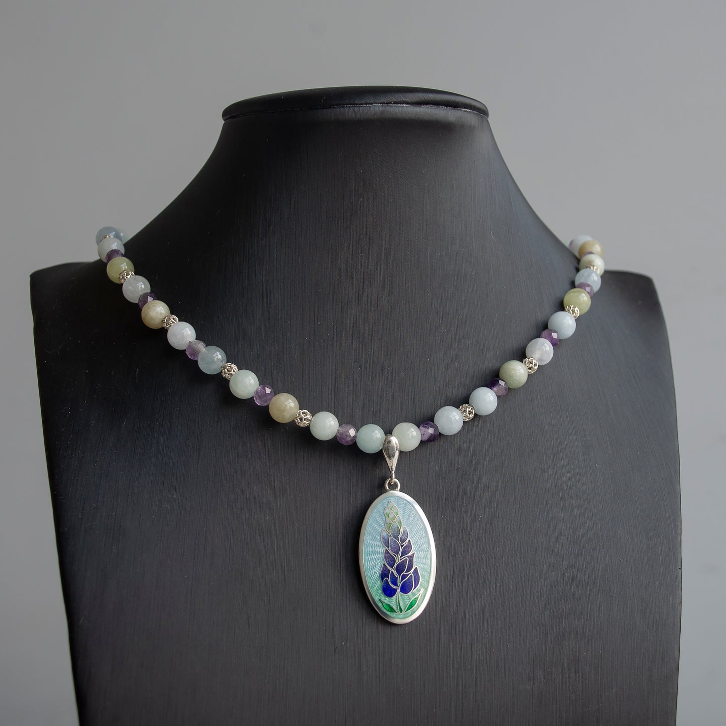 Bluebonnet Enamel Pendant With Aquamarine And Amethyst Necklace