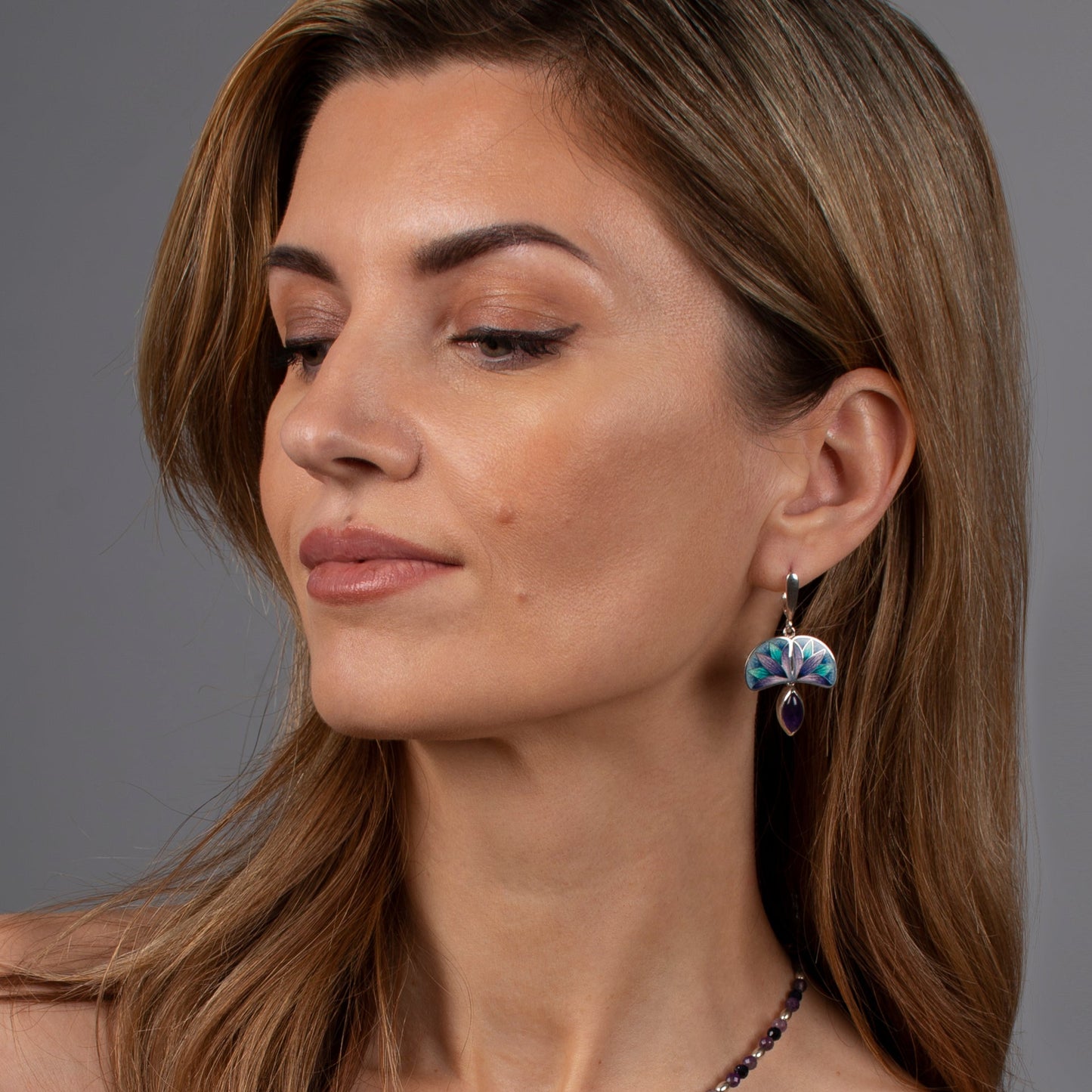 Enamel Earrings With Amethyst Stones