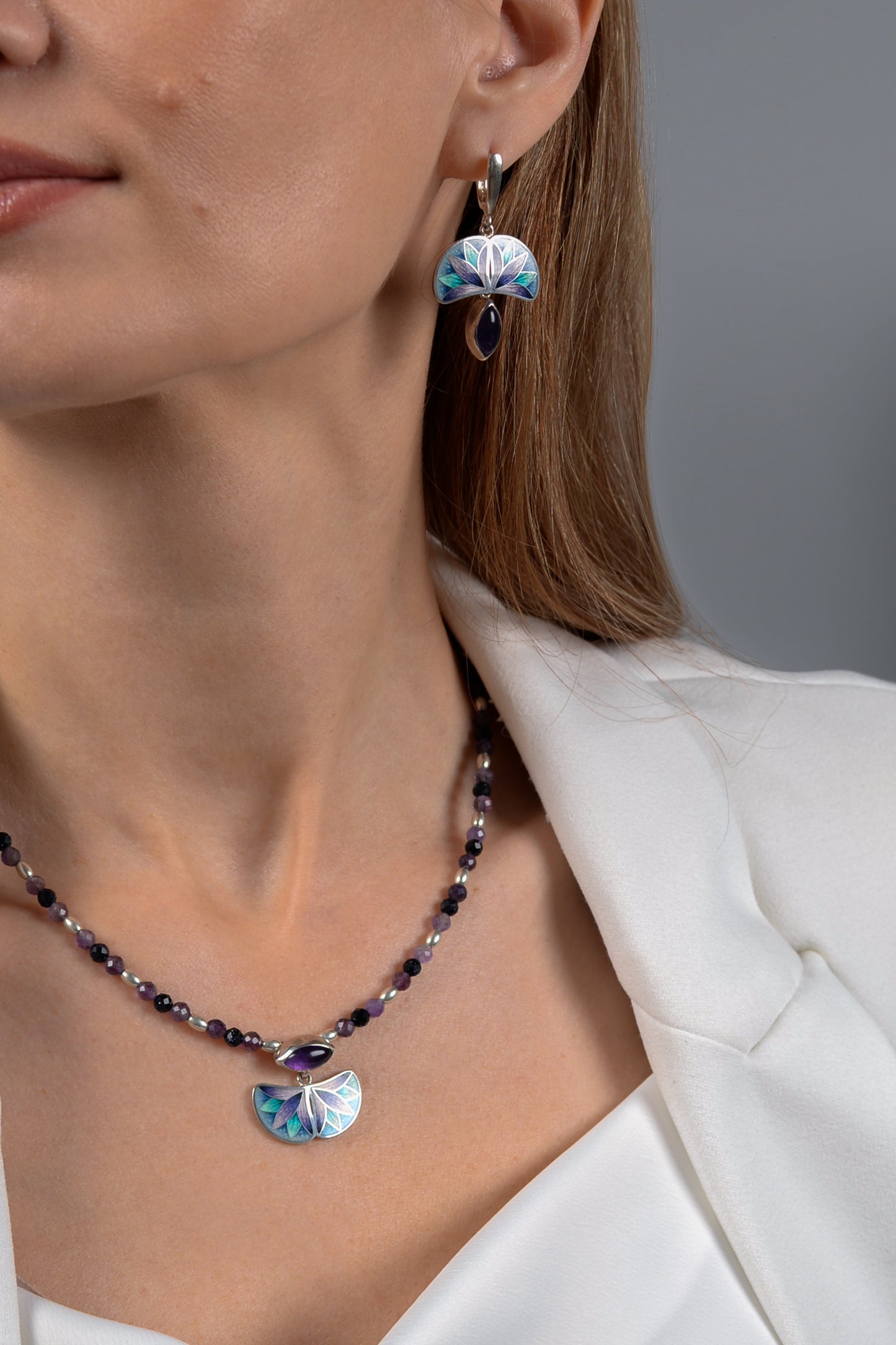 Cloisonne Enamel Necklace, Blue Purple Pendant With  Marquise Amethyst Semicircle Necklace