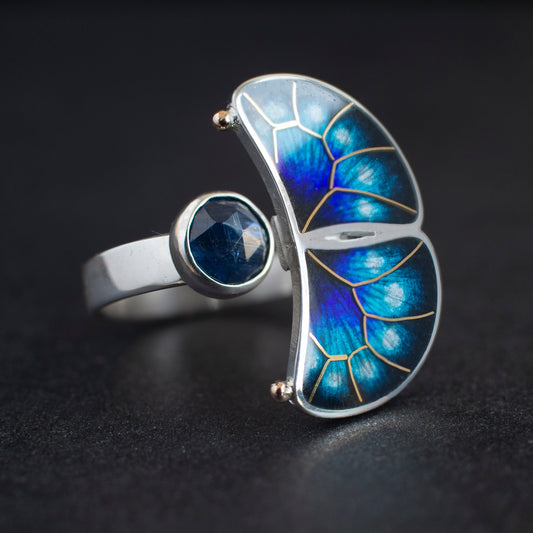 Butterfly Kyanite Ring: 24K Gold Cloisonne Enamel, Sterling Silver