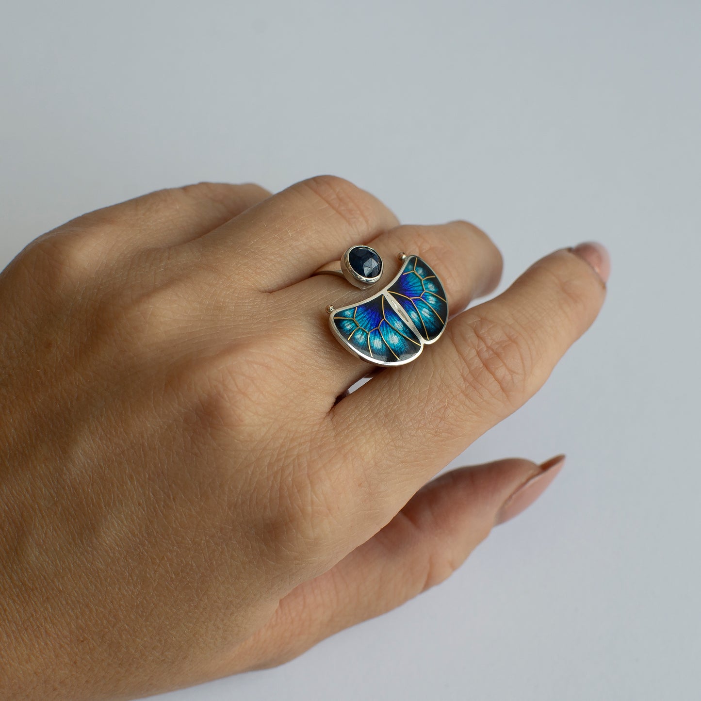 Butterfly Kyanite Ring: 24K Gold Cloisonne Enamel, Sterling Silver