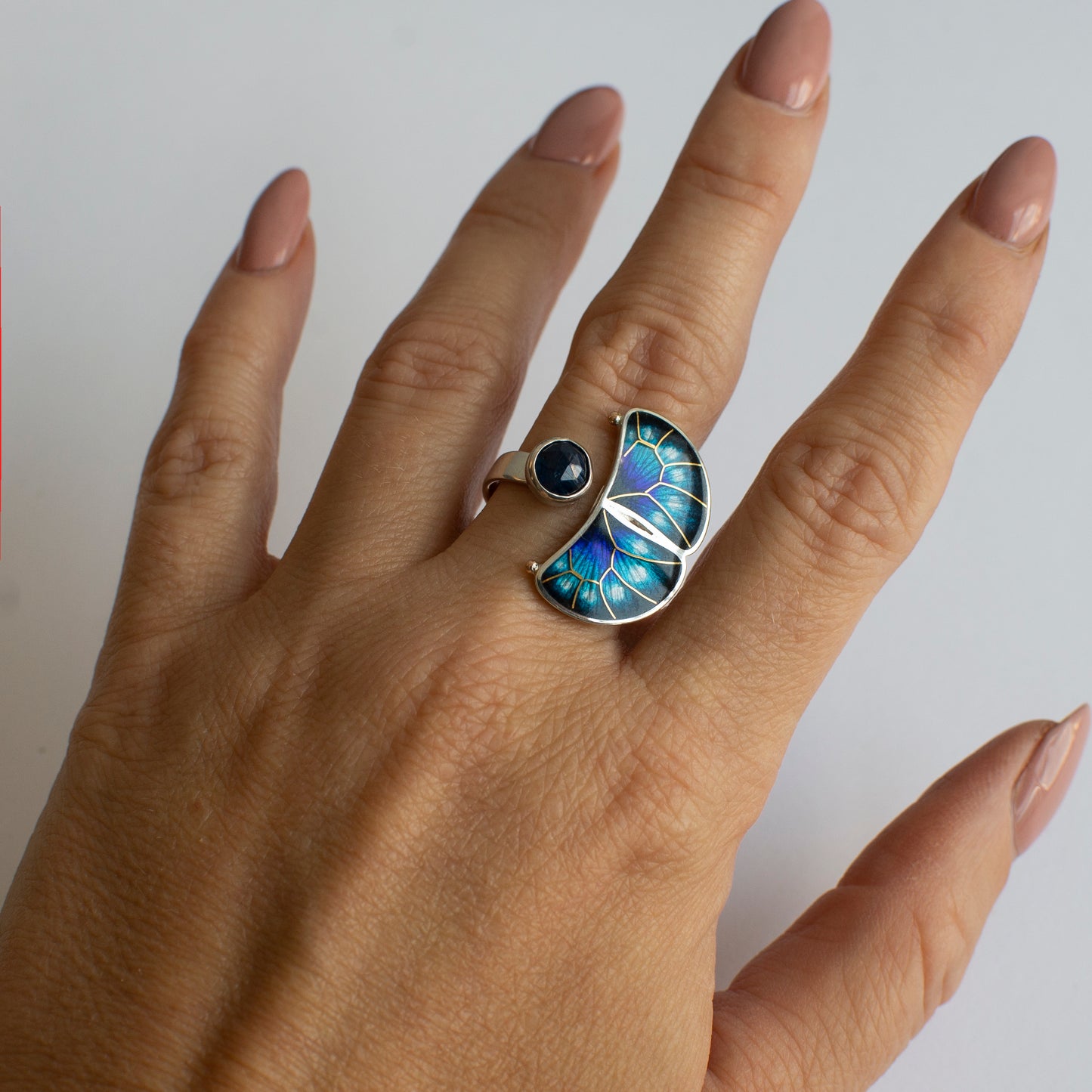 Butterfly Kyanite Ring: 24K Gold Cloisonne Enamel, Sterling Silver