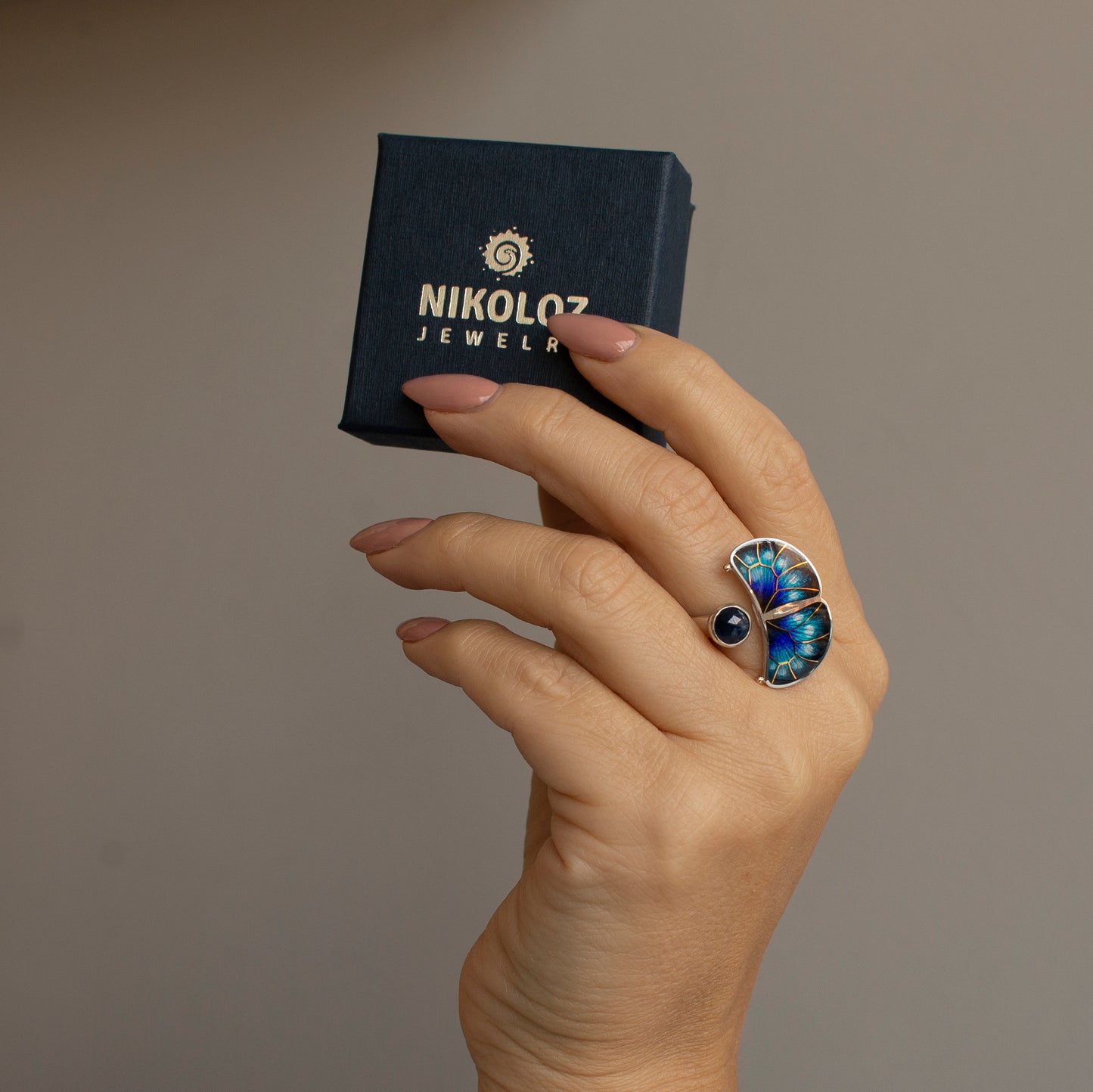 Butterfly Kyanite Ring: 24K Gold Cloisonne Enamel, Sterling Silver