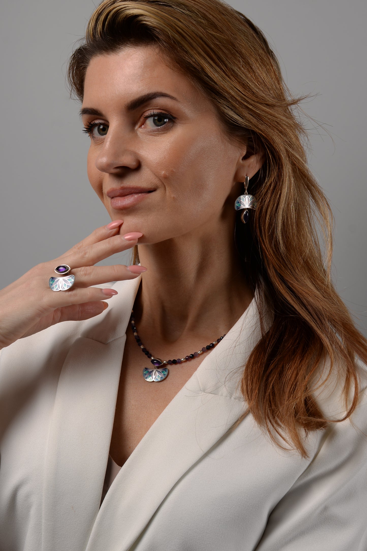 Cloisonne Enamel Set With Amethyst, Bracelet, Ring, Earrings and Necklace