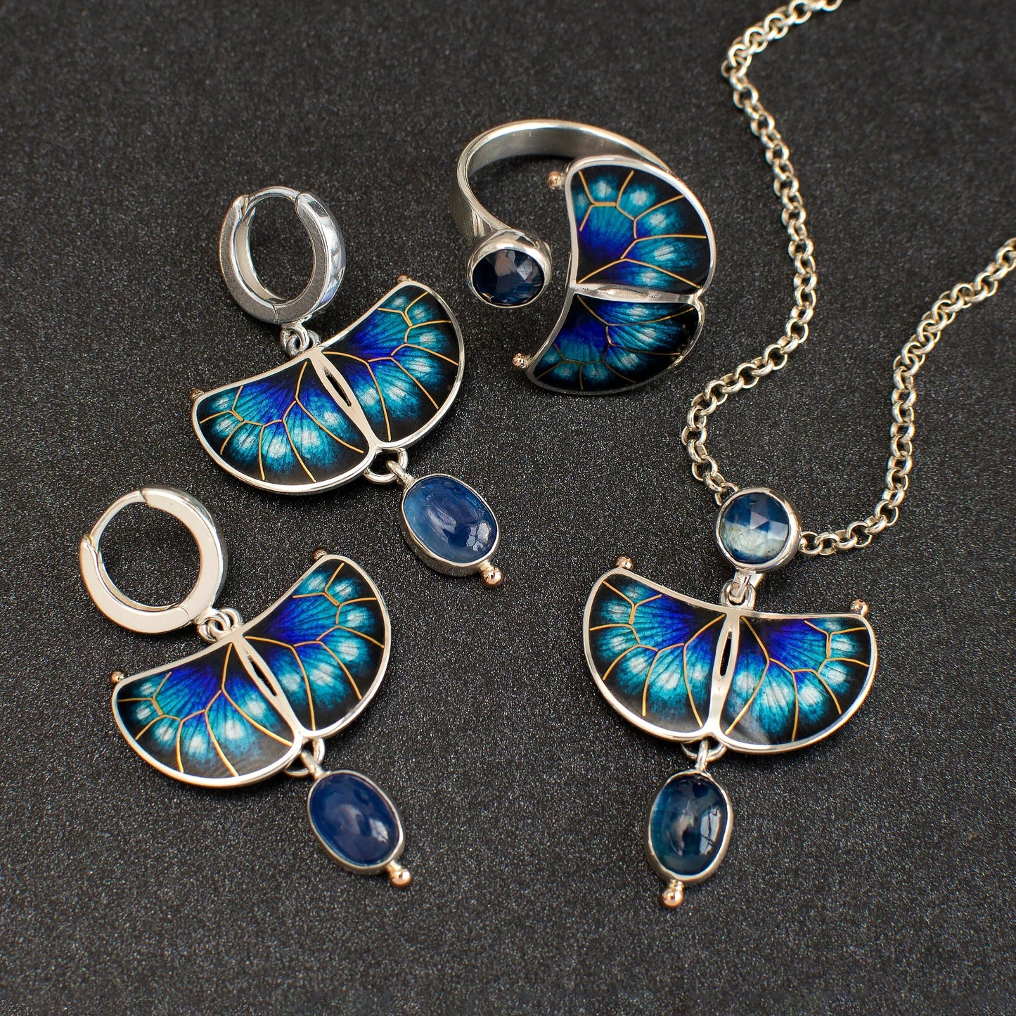 Cloisonne Enamel Set "Butterfly" With Kyanite And Gold