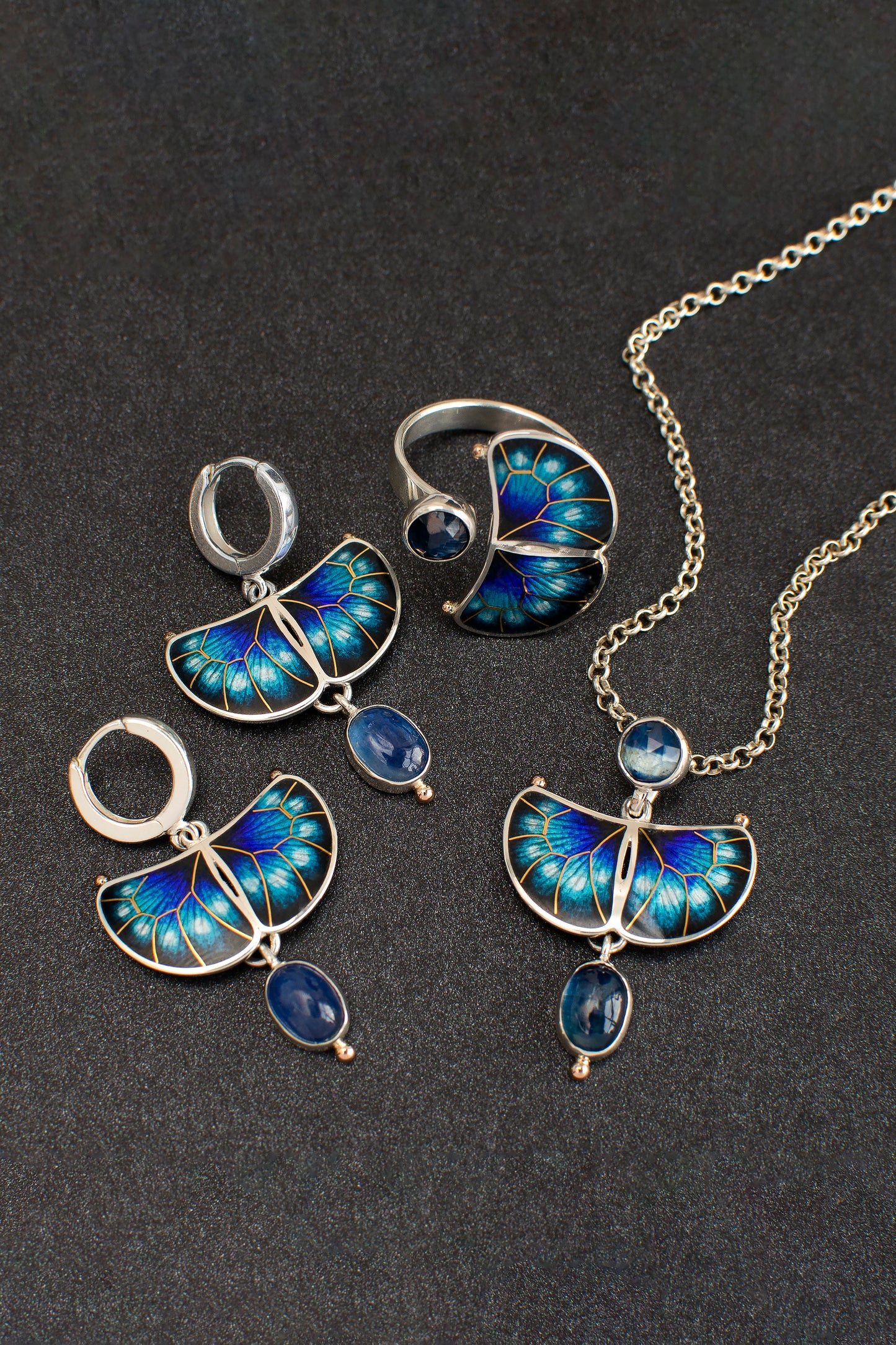 Butterfly Kyanite Ring: 24K Gold Cloisonne Enamel, Sterling Silver