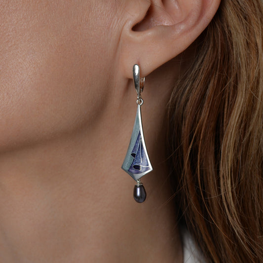 Enamel Earrings, Drapery Earrings, Cloisonne Enamel And Sterling Silver Earrings With Freshwater Violet Pearls