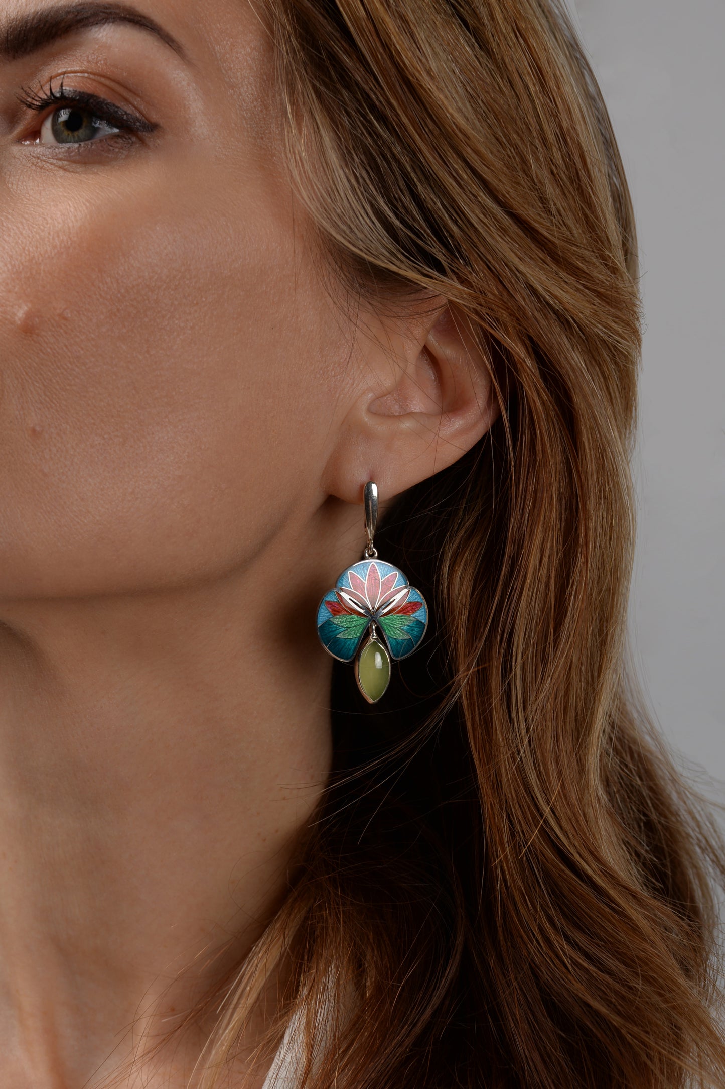 Cloisonné Enamel Lily Earrings: Sterling Silver Olivine Flower Jewelry