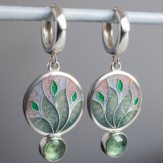 Magical Forest Enamel Earrings With Green Kyanite