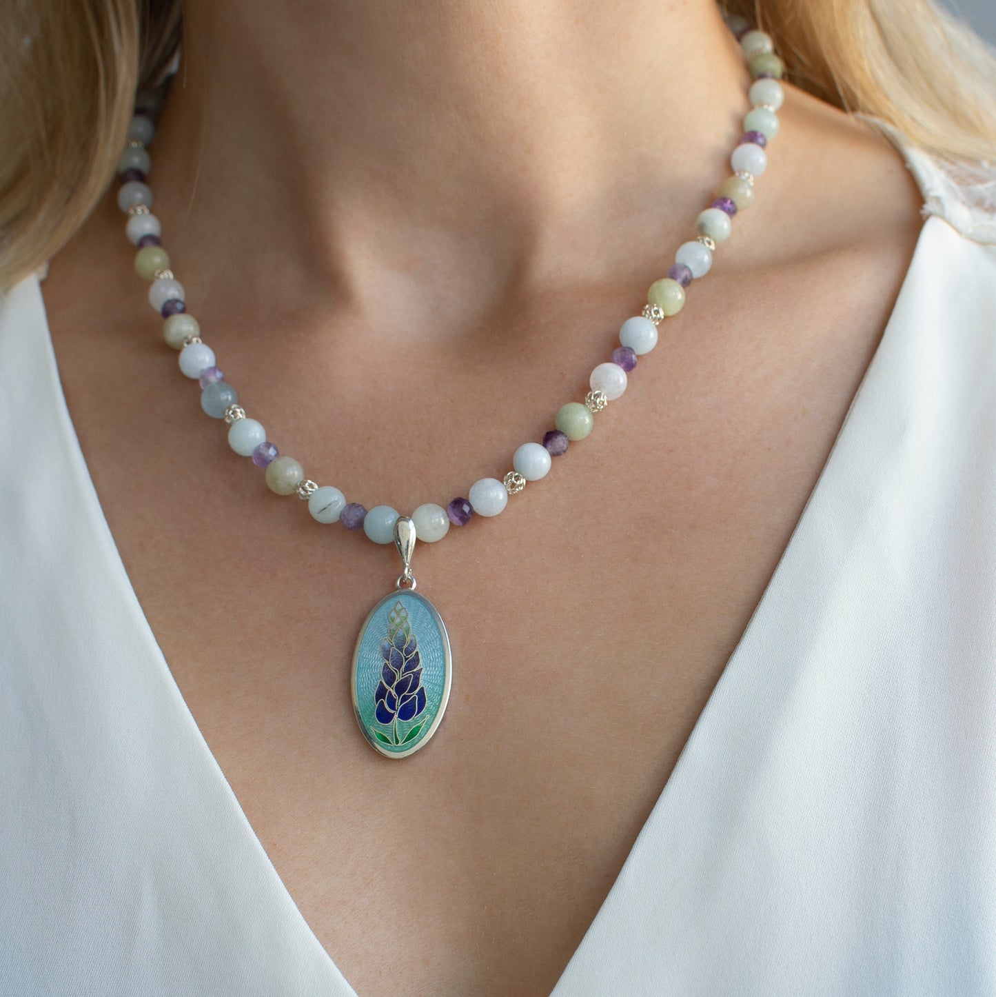 Bluebonnet Enamel Pendant With Aquamarine And Amethyst Necklace