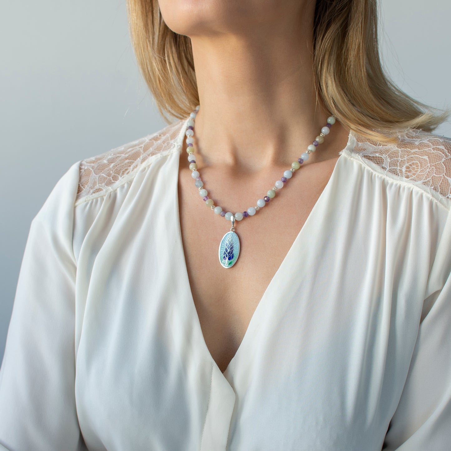 Bluebonnet Enamel Pendant With Aquamarine And Amethyst Necklace