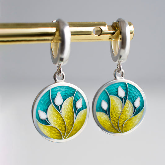 Turquoise  Yellow Earrings, Cloisonne Enamel Earrings