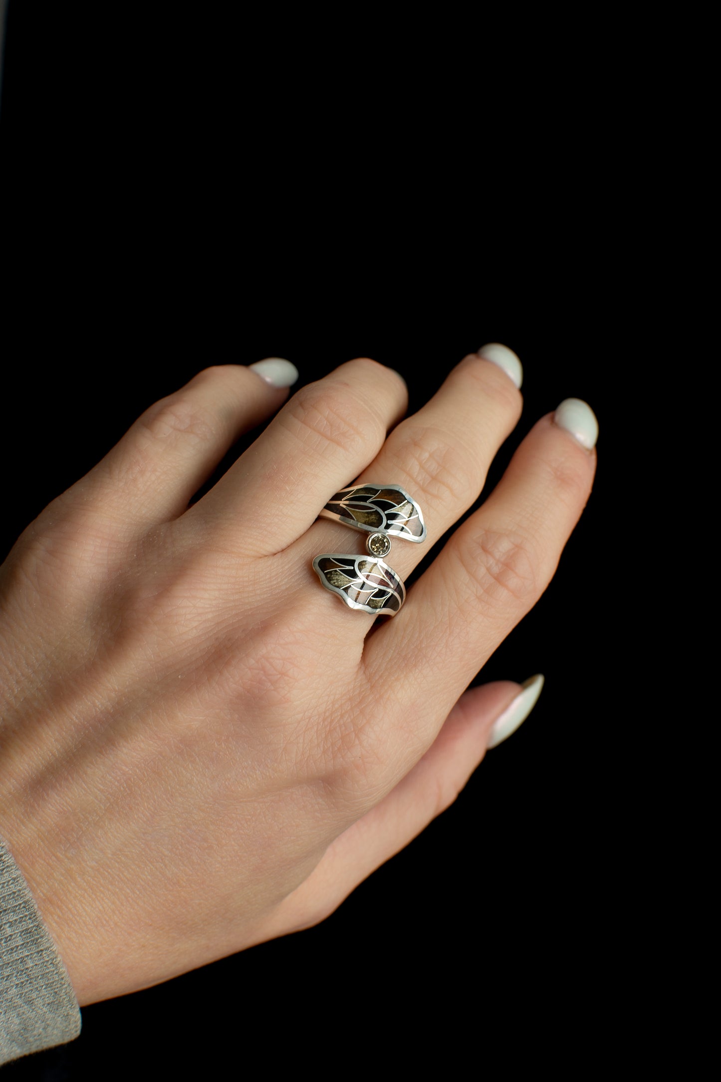 Salt And Pepper Enamel Ring, Enamel Jewelry, Cloisonne Enamel And Sterling Silver Ring With Diamond