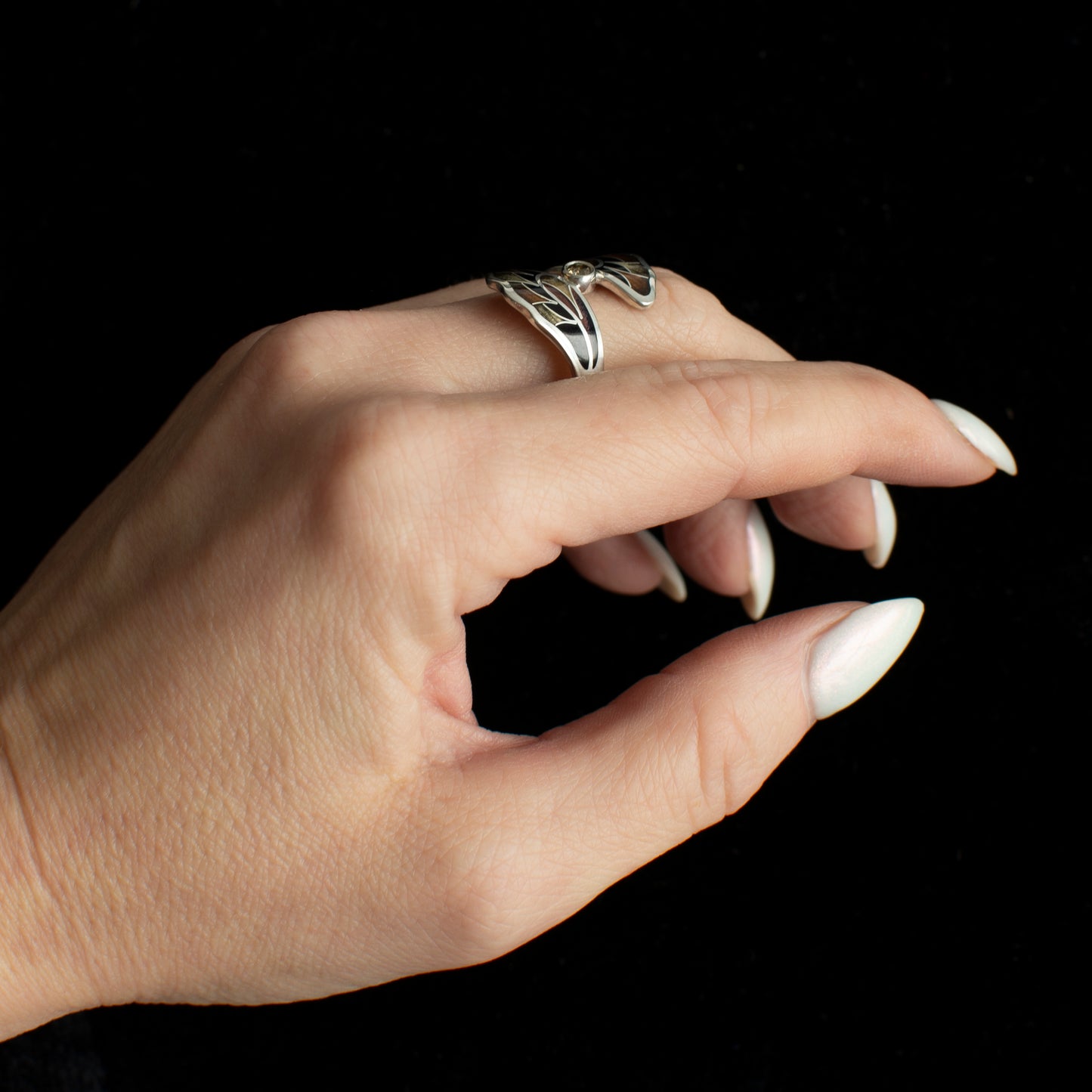 Salt And Pepper Enamel Ring, Enamel Jewelry, Cloisonne Enamel And Sterling Silver Ring With Diamond