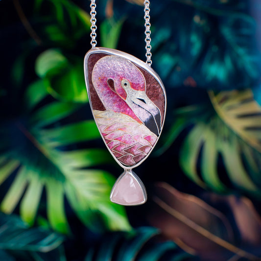 Flamingo Necklace With Rose Quartz, Cloisonne Enamel Pendant