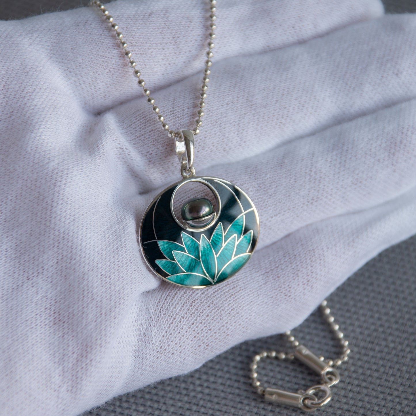 Cloisonne Enamel Silver Pendant, Black Turquoise Water Lily Necklace
