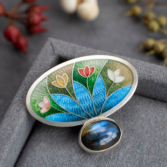 Enamel Brooch, Labradorite Brooch, Cloisonne Enamel And Sterling Silver Brooch