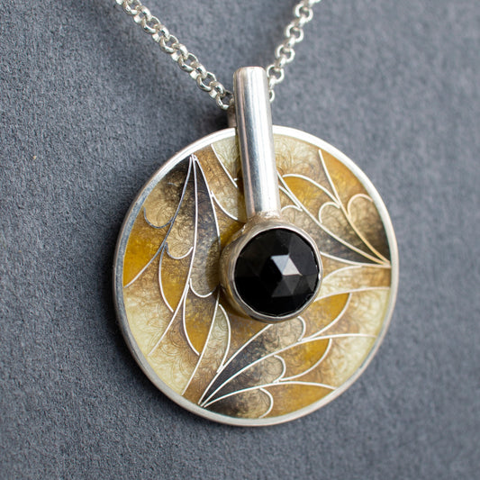 Round Pendant, Enamel Necklace With Black Onyx