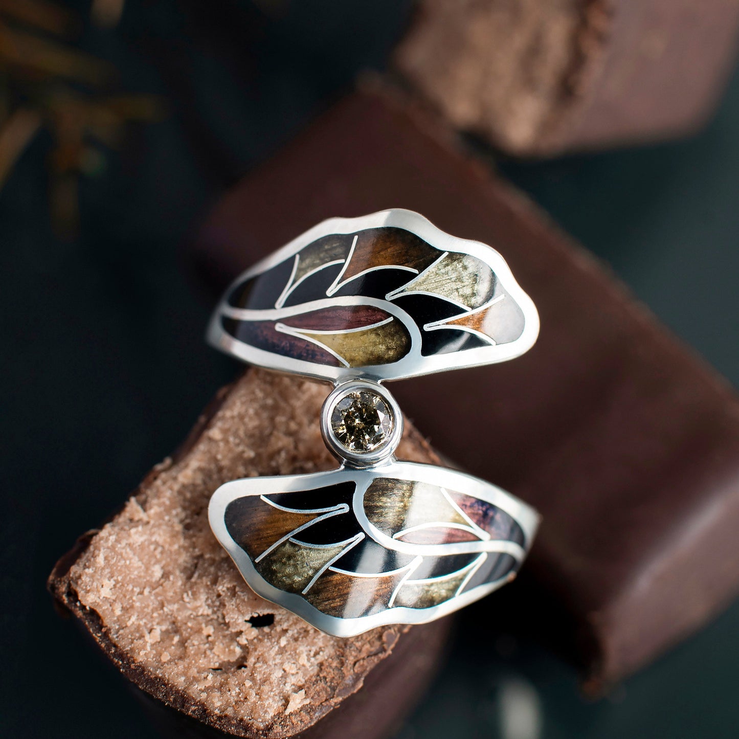 Salt And Pepper Enamel Ring, Enamel Jewelry, Cloisonne Enamel And Sterling Silver Ring With Diamond
