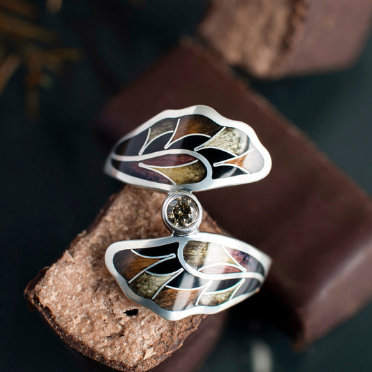 Salt And Pepper Enamel Ring, Enamel Jewelry, Cloisonne Enamel And Sterling Silver Ring With Diamond