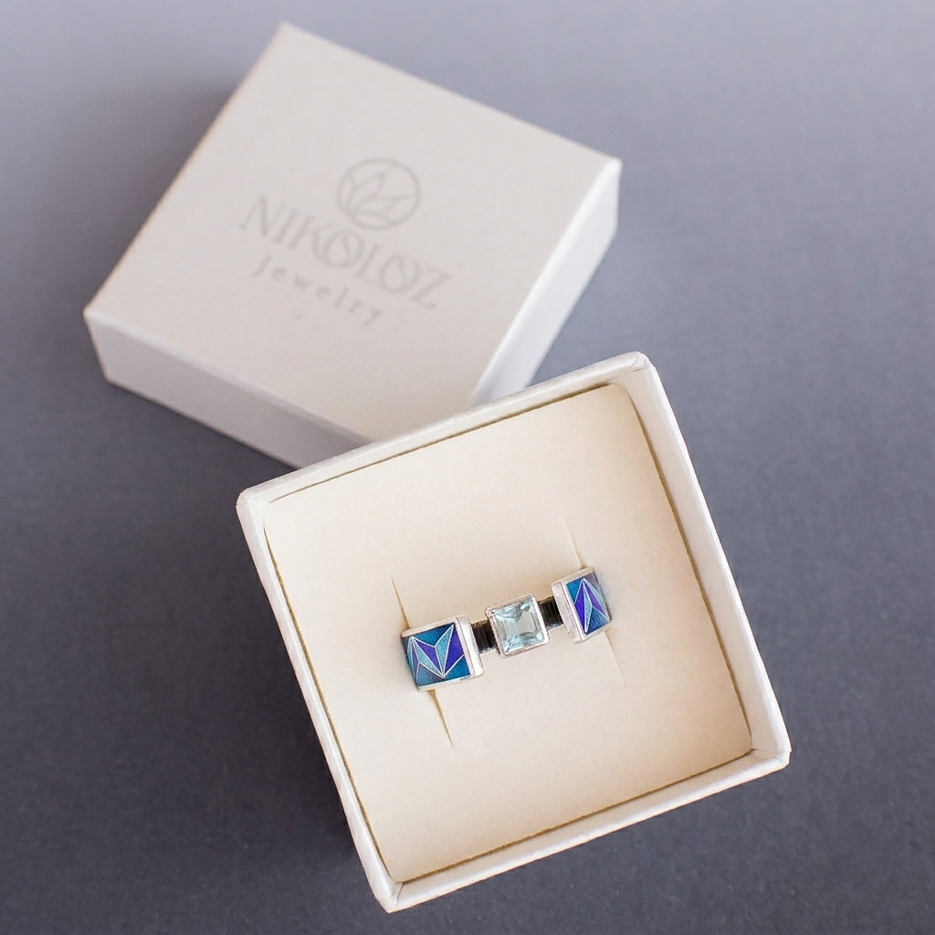 Cloisonné Enamel Ring With Swiss Blue Topaz