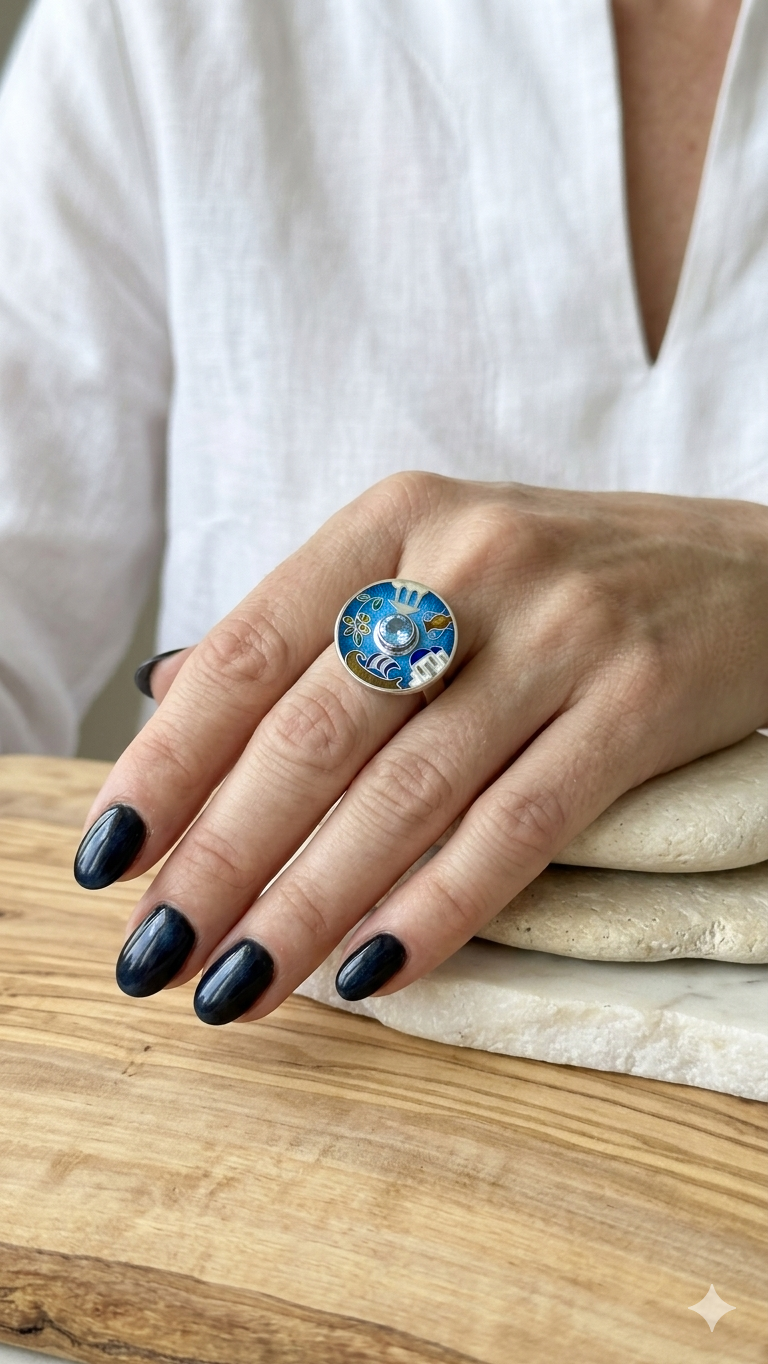 Cloisonne Enamel Silver Ring With Greece sight