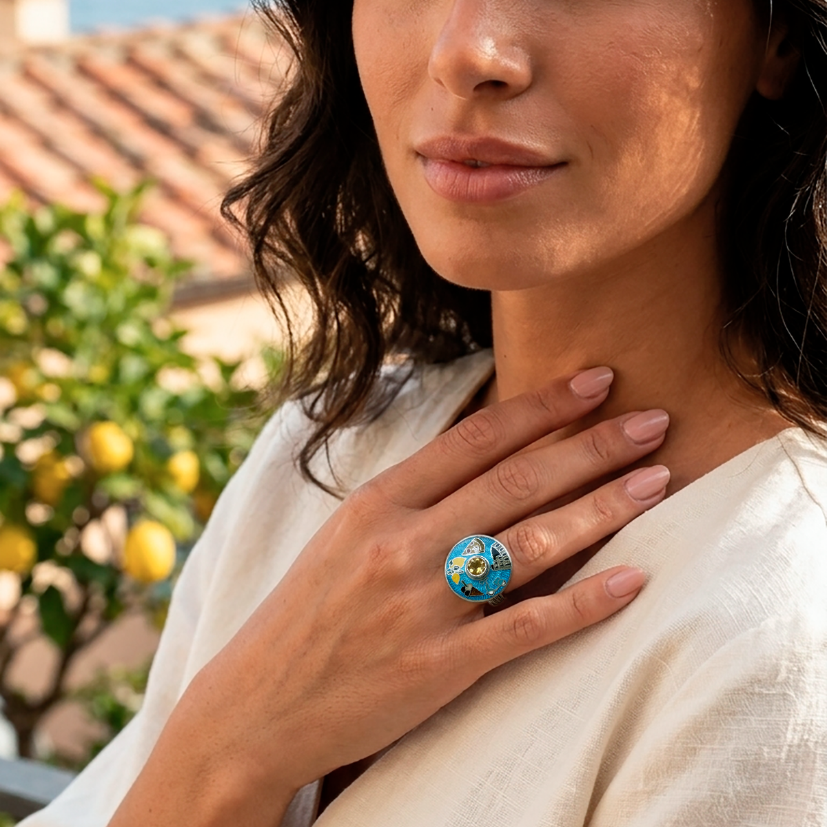 Cloisonne Enamel Ring With Italy Sights "Amare La Vita"