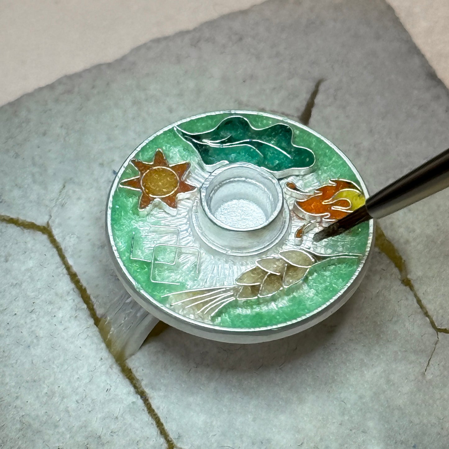 Cloisonne Enamel Green Ring With Baltic Midsummer Sights "Saule"