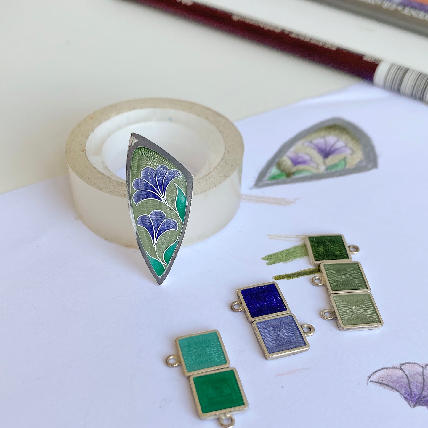 Triangle Labradorite Stone, Cloisonné  Enamel Pendant "Lavenders"