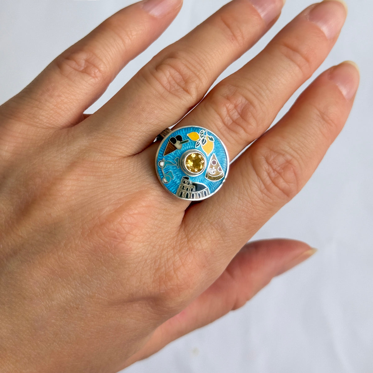 Cloisonne Enamel Ring With Italy Sights "Amare La Vita"