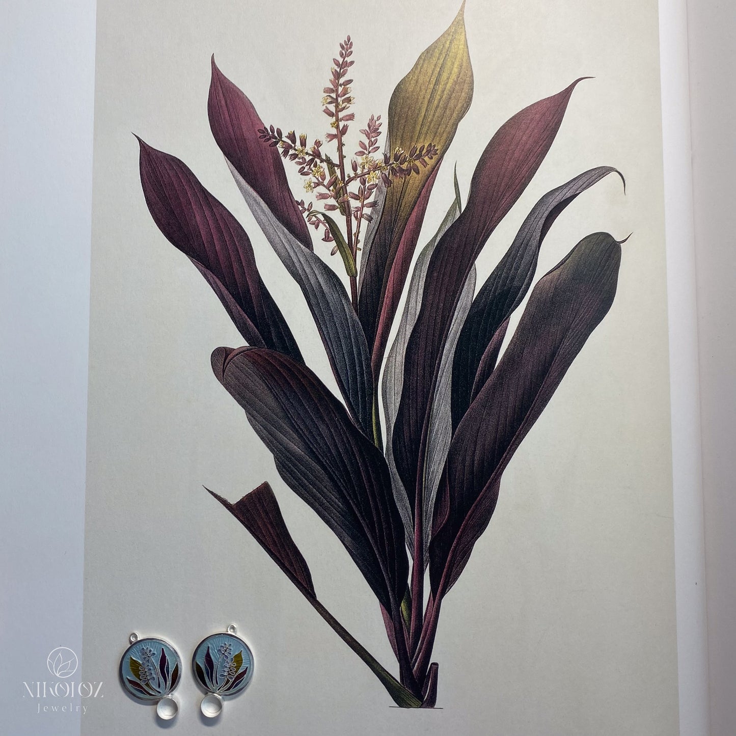 Plants Enamel Earrings With Rose Cut Ruby "Cordyline Fruticosa"