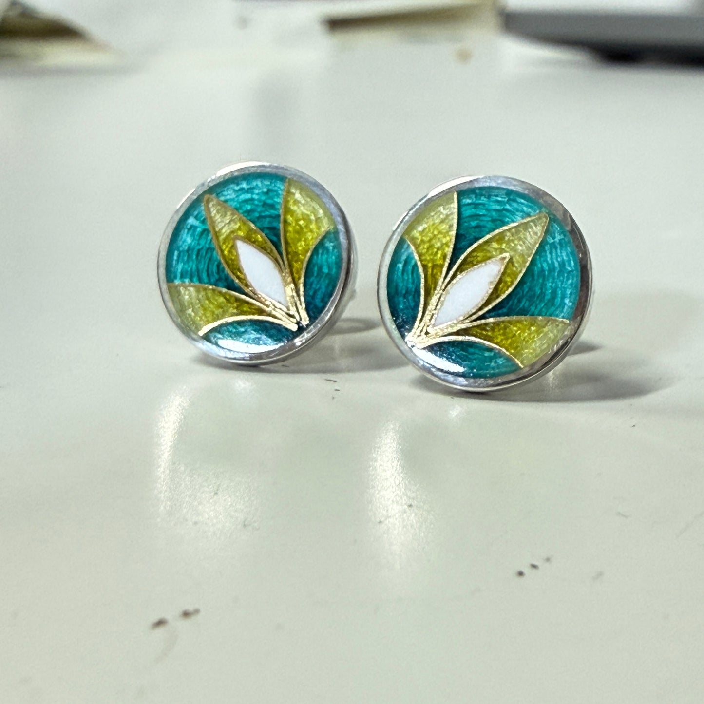 Yellow Blue cloisonne enamel studs. Custom earrings