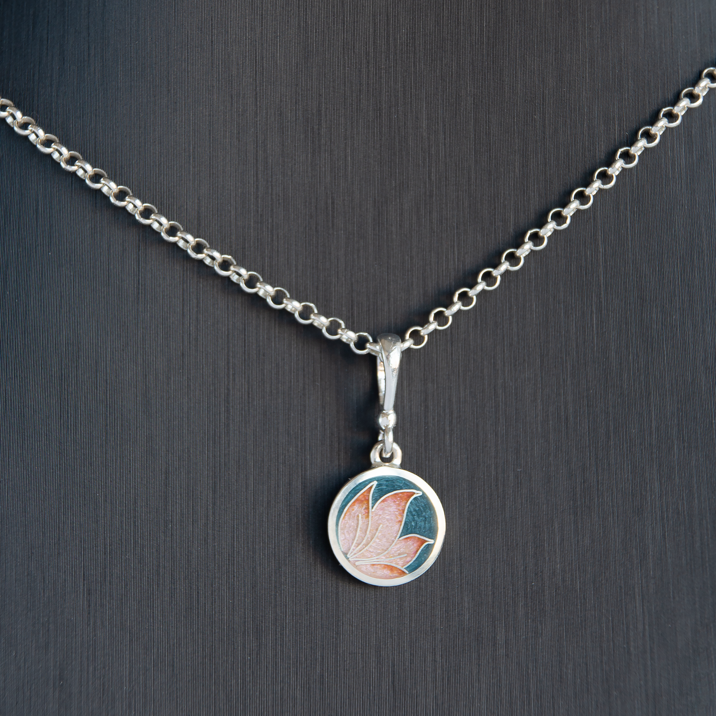 Round Rose Grey Cloisonné Enamel Necklace-Pendant