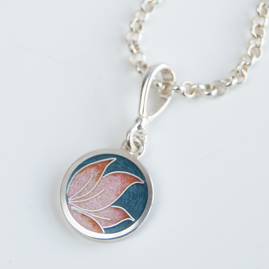 Round Rose Grey Cloisonné Enamel Necklace-Pendant