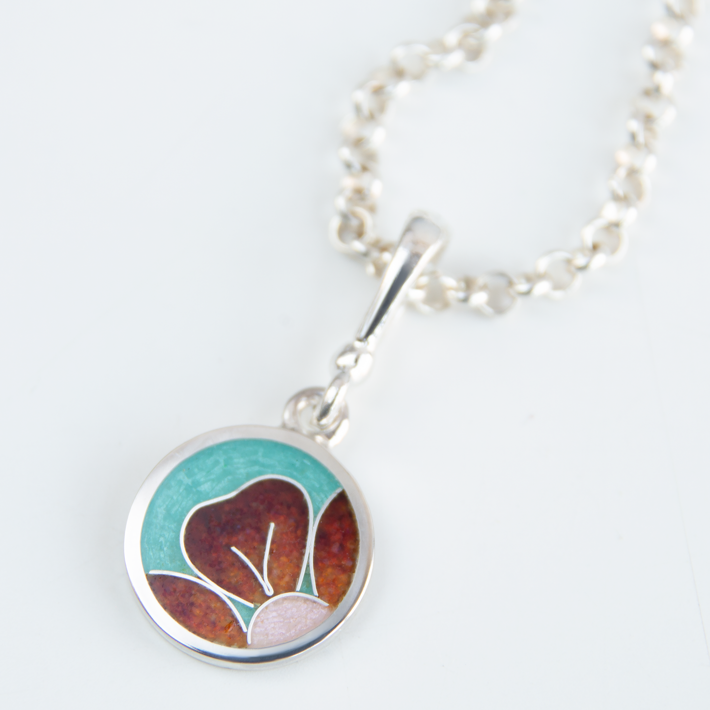 Round Small Enamel Necklace With Red Flower