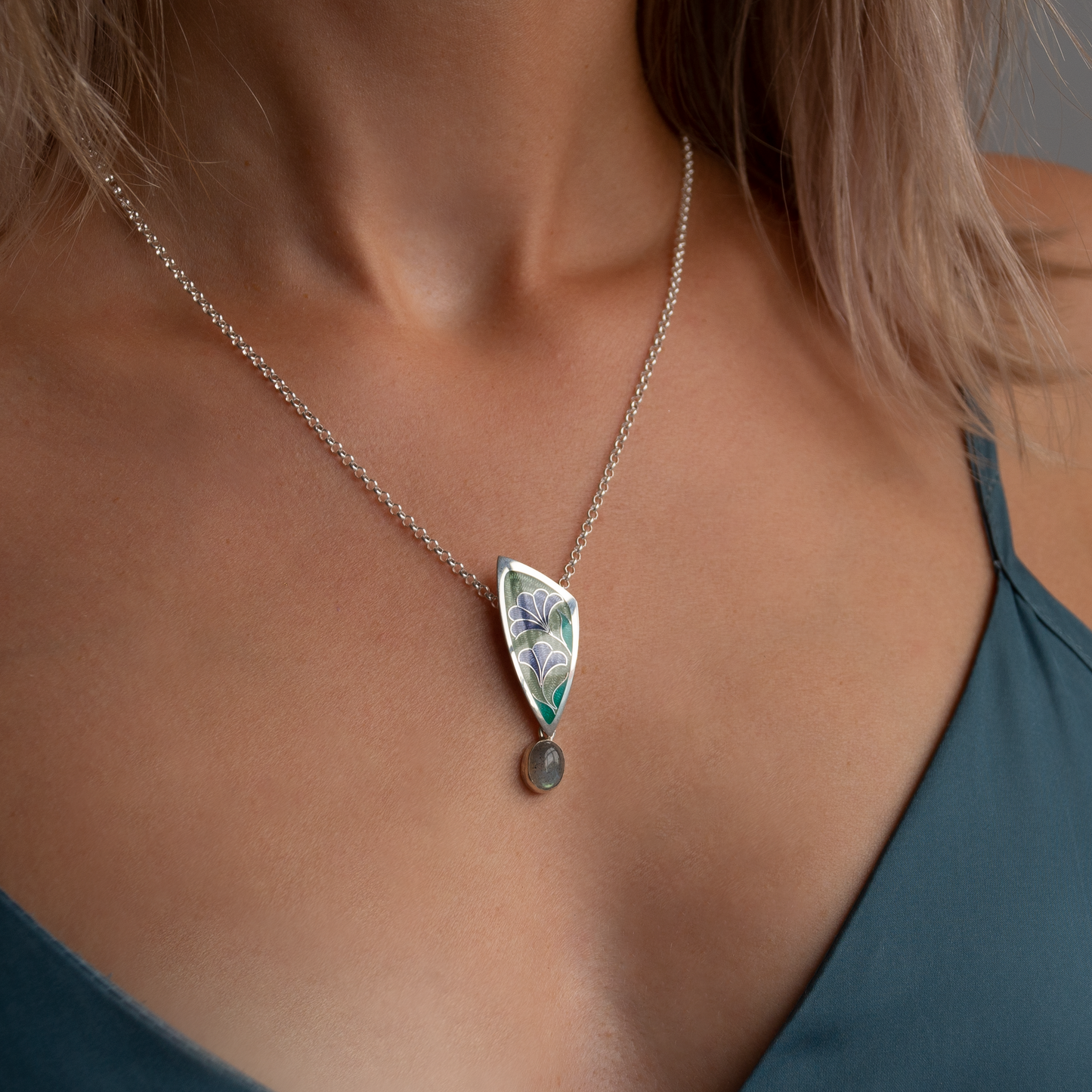 Triangle Labradorite Stone, Cloisonné  Enamel Pendant "Lavenders"