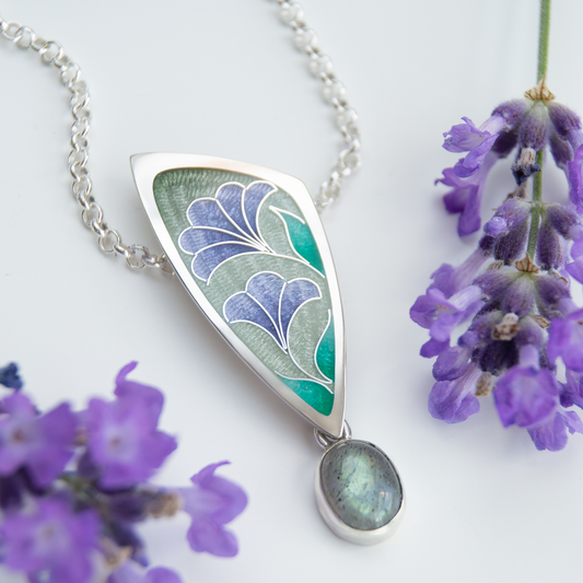 Triangle Labradorite Stone, Cloisonné  Enamel Pendant "Lavenders"