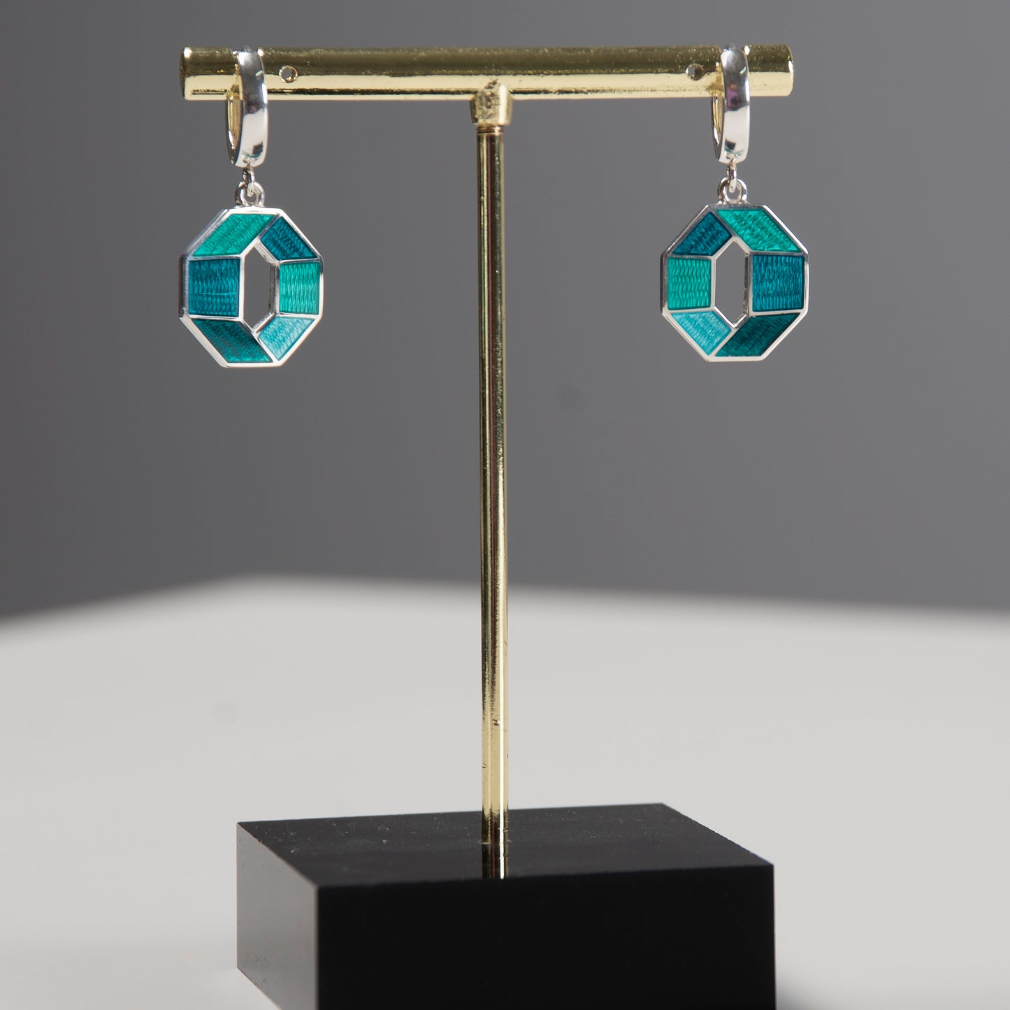 Emerald Turquoise, Octagon, Cloisonné Enamel  Earrings